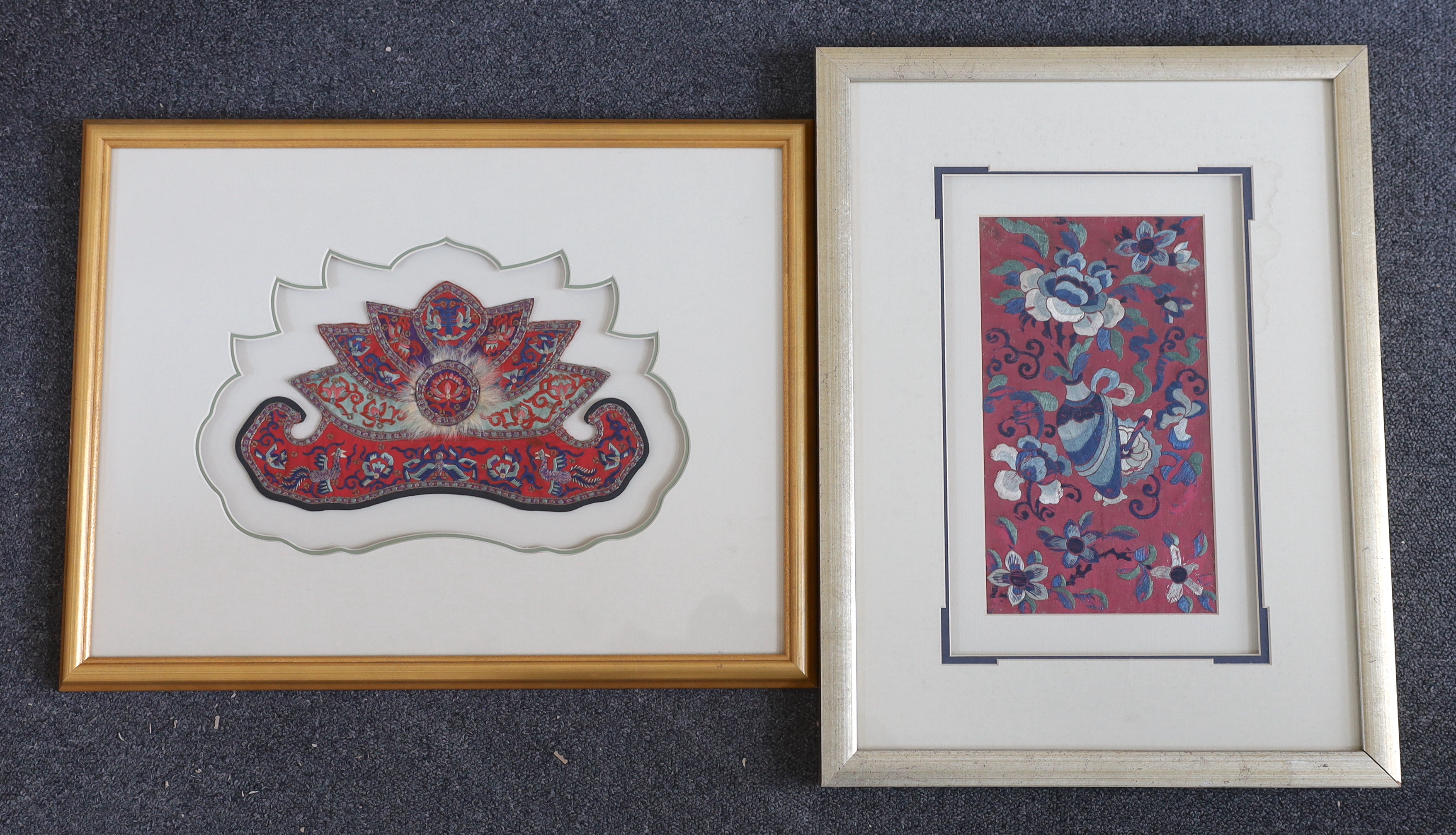 An unusual 19th century Chinese red embroidered hat panel, with a central embroidered cartouche edged with fur, the hat panel surrounded within an ornate mount and gold frame and a similar floral embroidered panel,hat 28